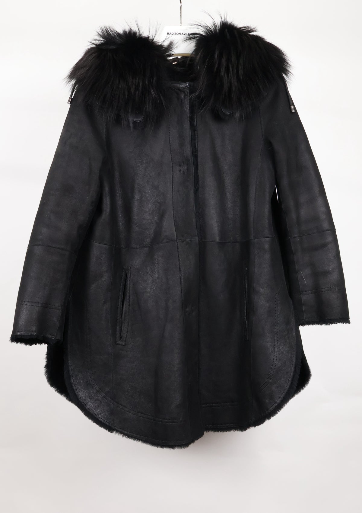 PRE-OWNED BLACK SHEARLING HOODED 3/4 W/ BLACK FOX TRIM & SIDE SLITS