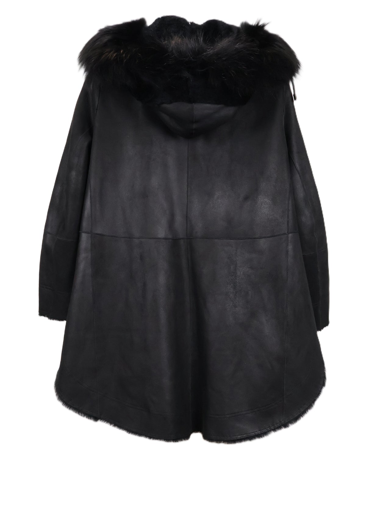 PRE-OWNED BLACK SHEARLING HOODED 3/4 W/ BLACK FOX TRIM & SIDE SLITS