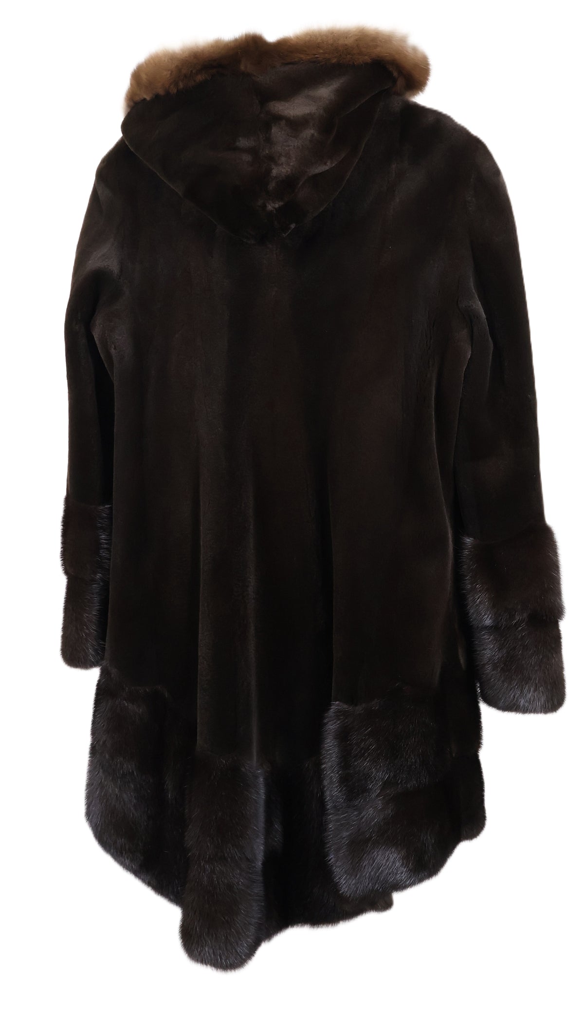 PRE-OWNED DYED MATARA HOODED SHEARED MINK W/ SABLE TRIM ON HOOD & LONG HAIR MINK AT BOTTOM