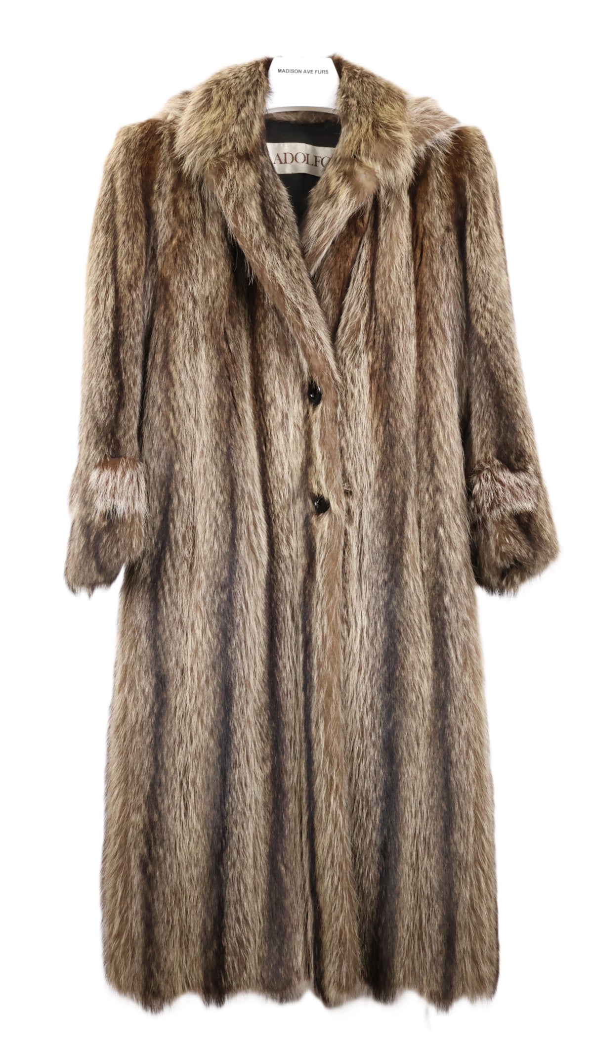 PRE-OWNED ADOLFO RACCOON COAT W/ DETACHABLE HOOD & SLEEVE EPAULETS & VENTED BACK