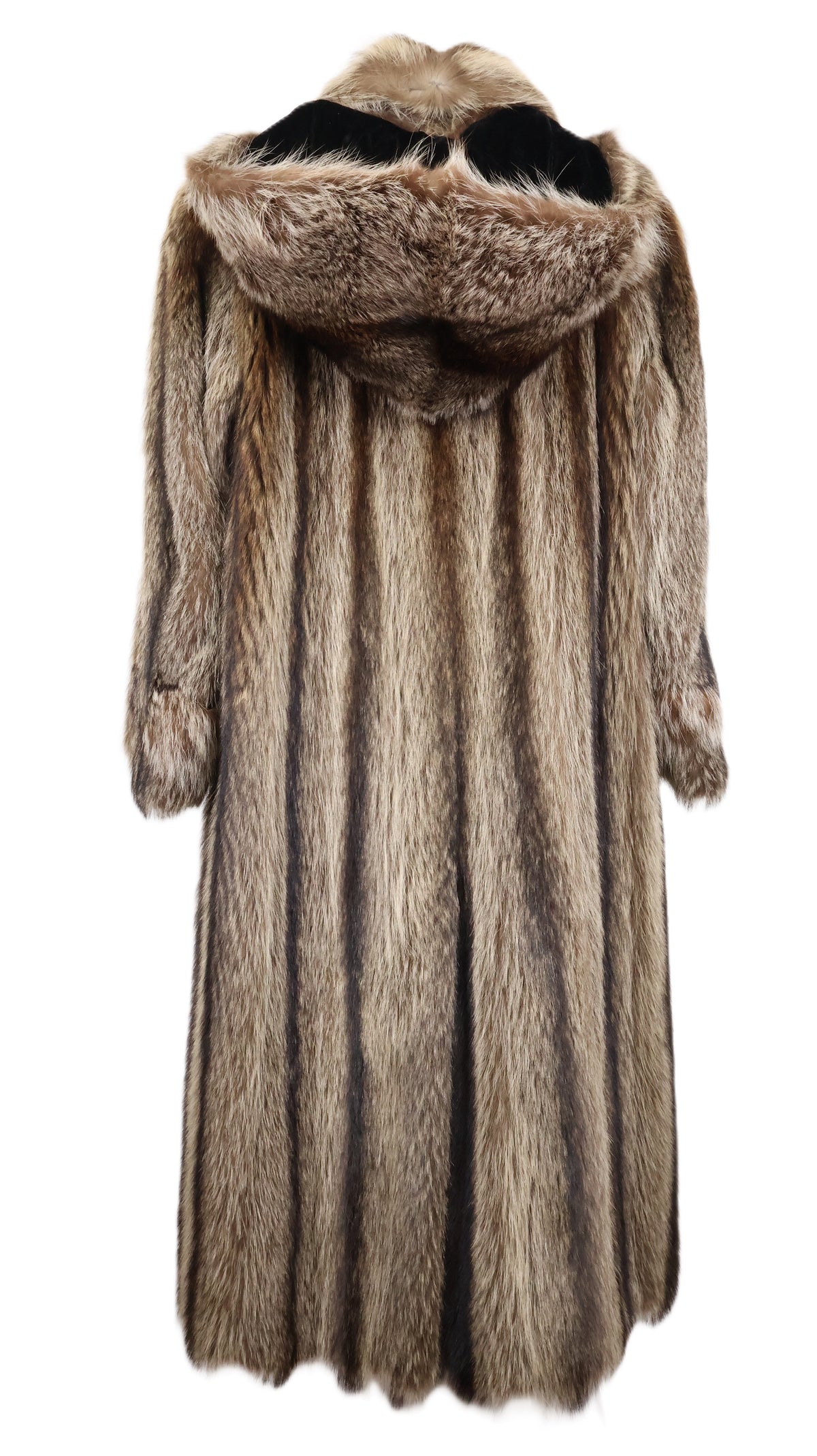PRE-OWNED ADOLFO RACCOON COAT W/ DETACHABLE HOOD & SLEEVE EPAULETS & VENTED BACK