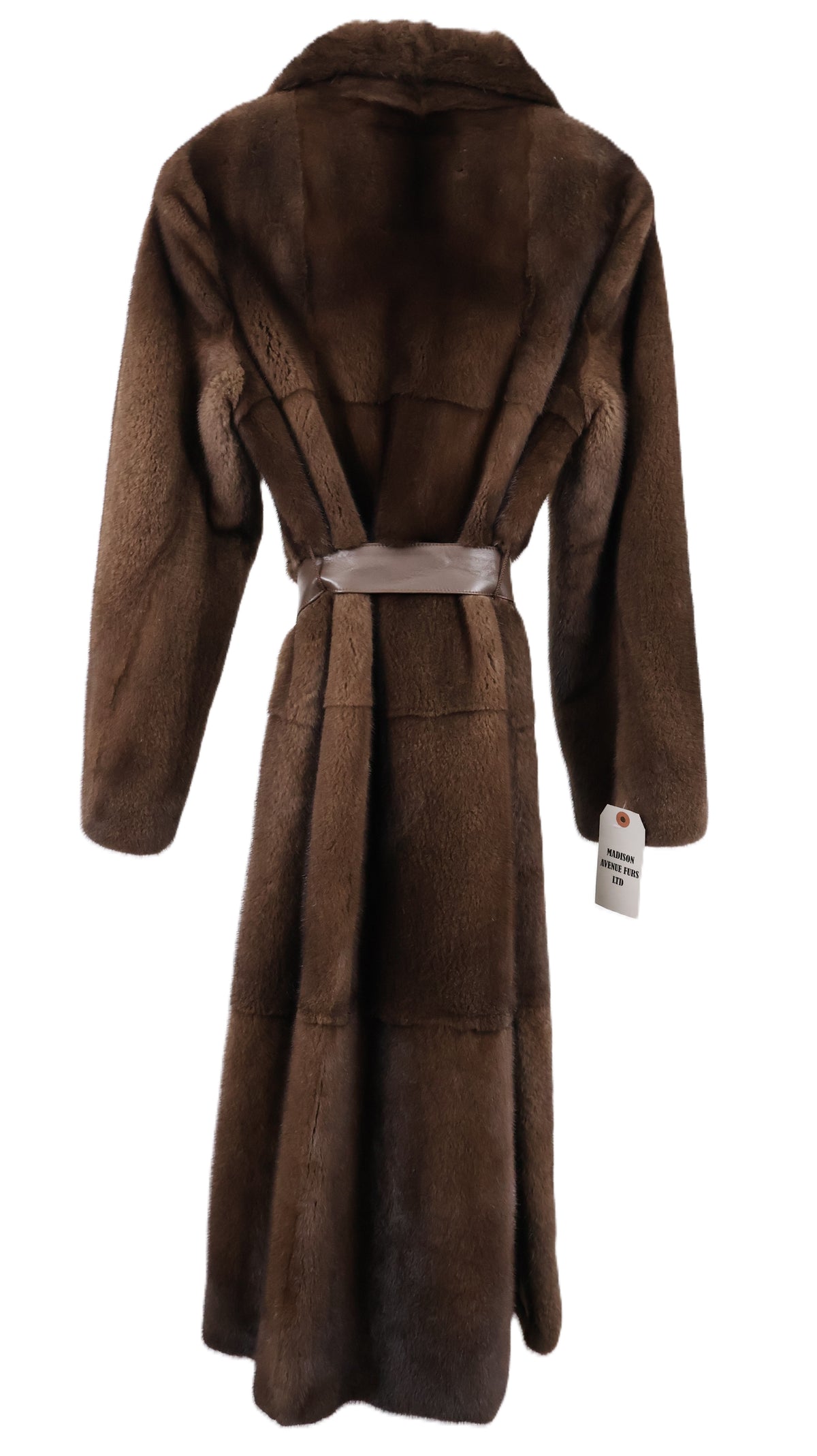 NEW DEMI BUFF MINK TIERED MINK COAT W/ LEATHER BELT & SIDE SLITS & WING COLLAR