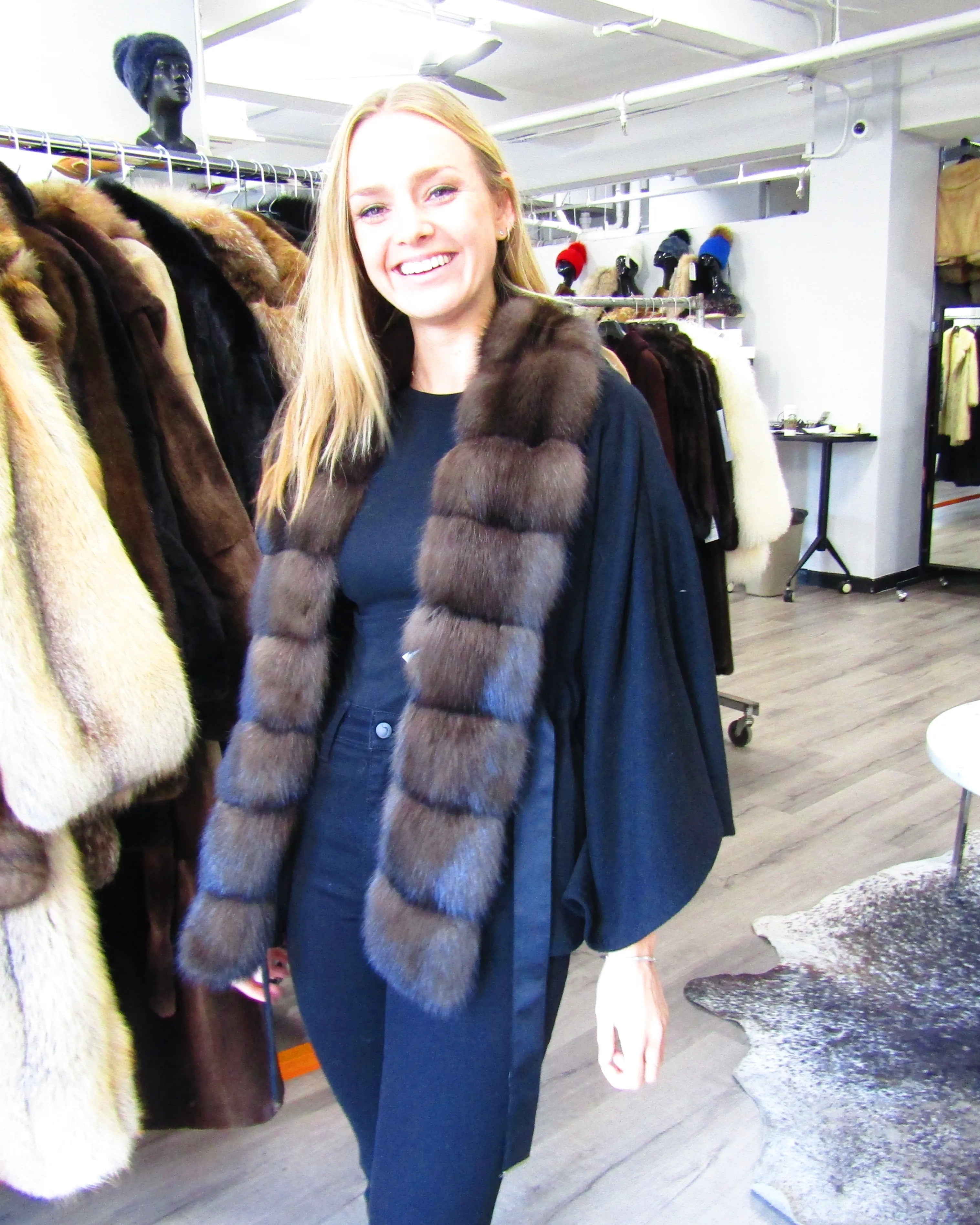 BLACK CASHMERE CAPE W/SABLE TUXEDO