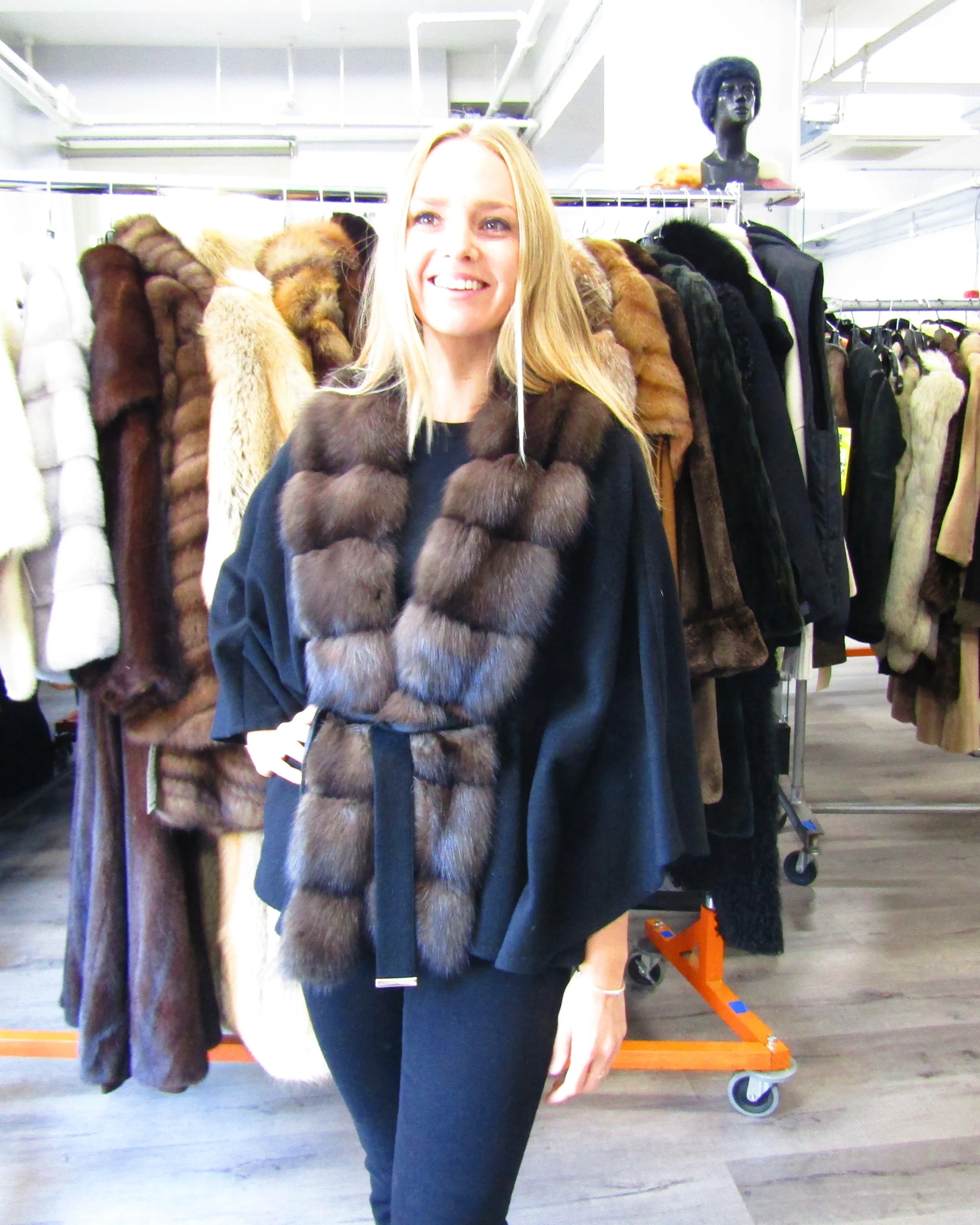 BLACK CASHMERE CAPE W/SABLE TUXEDO