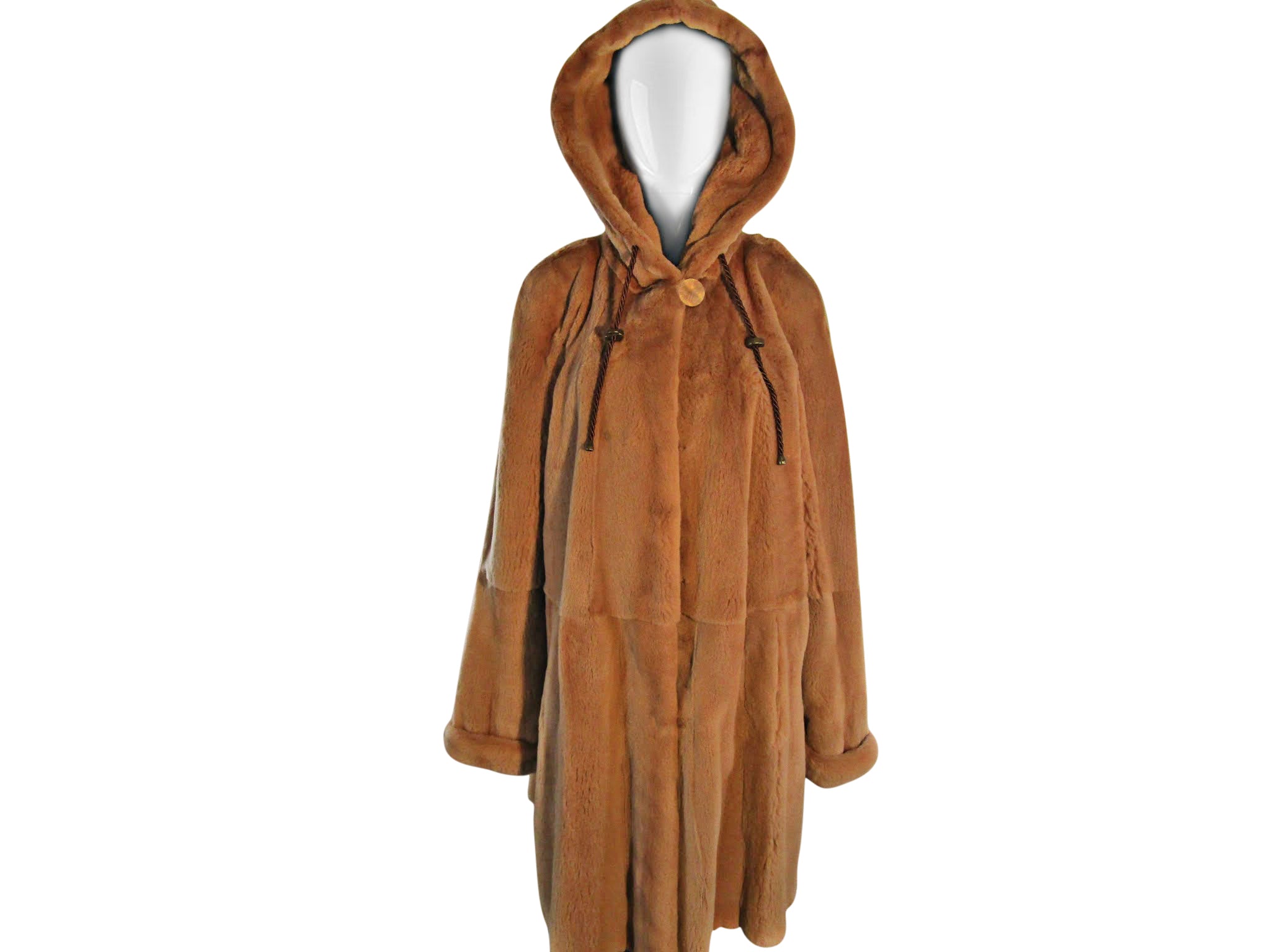 CAMEL DYED SHEARED MINK SKIN ON SKIN 3/4 COAT W/ DOUBLE FUR HOOD