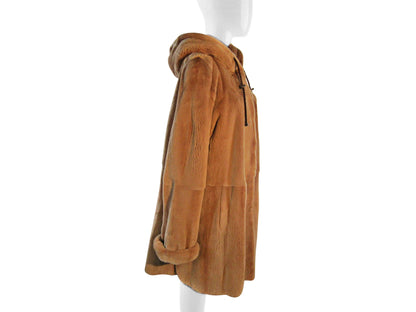 CAMEL DYED SHEARED MINK SKIN ON SKIN 3/4 COAT W/ DOUBLE FUR HOOD