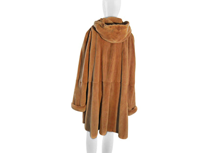 CAMEL DYED SHEARED MINK SKIN ON SKIN 3/4 COAT W/ DOUBLE FUR HOOD