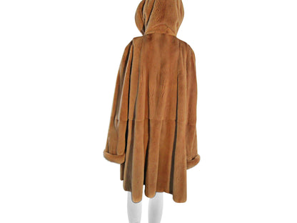 CAMEL DYED SHEARED MINK SKIN ON SKIN 3/4 COAT W/ DOUBLE FUR HOOD