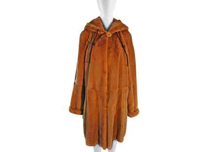 CAMEL DYED SHEARED MINK SKIN ON SKIN 3/4 COAT W/ DOUBLE FUR HOOD