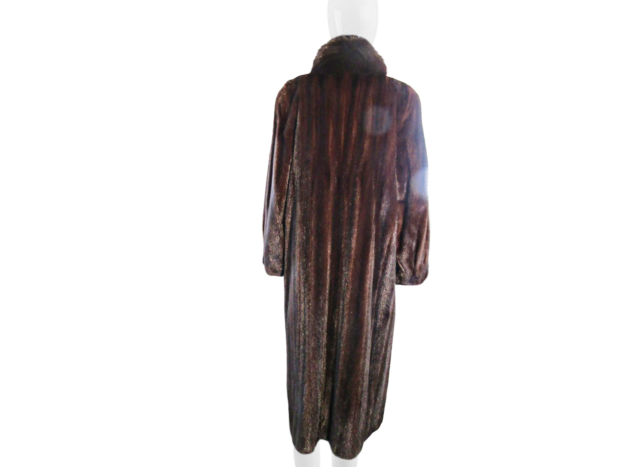 NATURAL MAHOGANY MINK COAT W/ BROWN DYED FOX COLLAR & TUXEDO