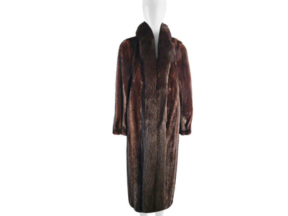 NATURAL MAHOGANY MINK COAT W/ BROWN DYED FOX COLLAR & TUXEDO