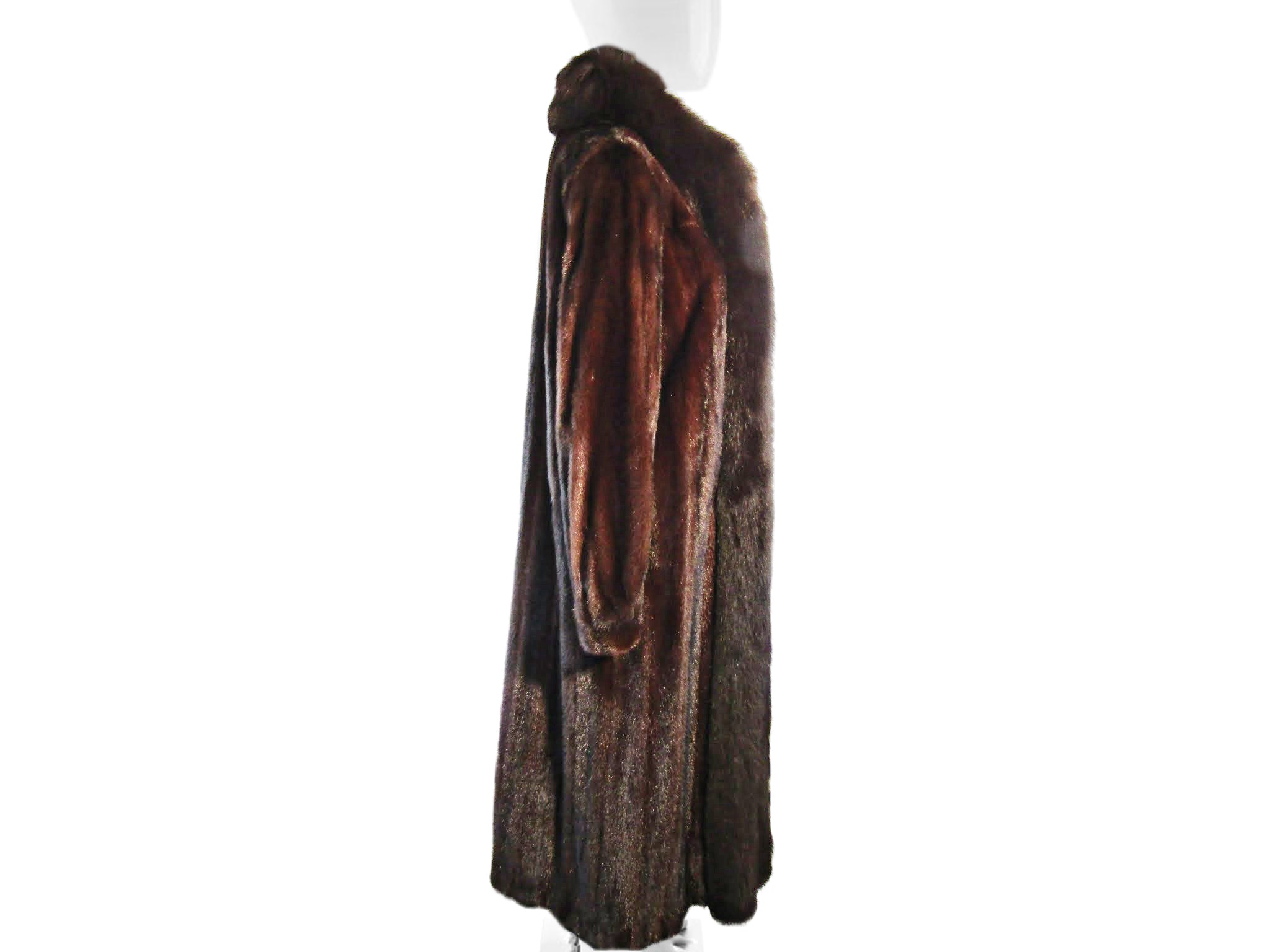 NATURAL MAHOGANY MINK COAT W/ BROWN DYED FOX COLLAR & TUXEDO