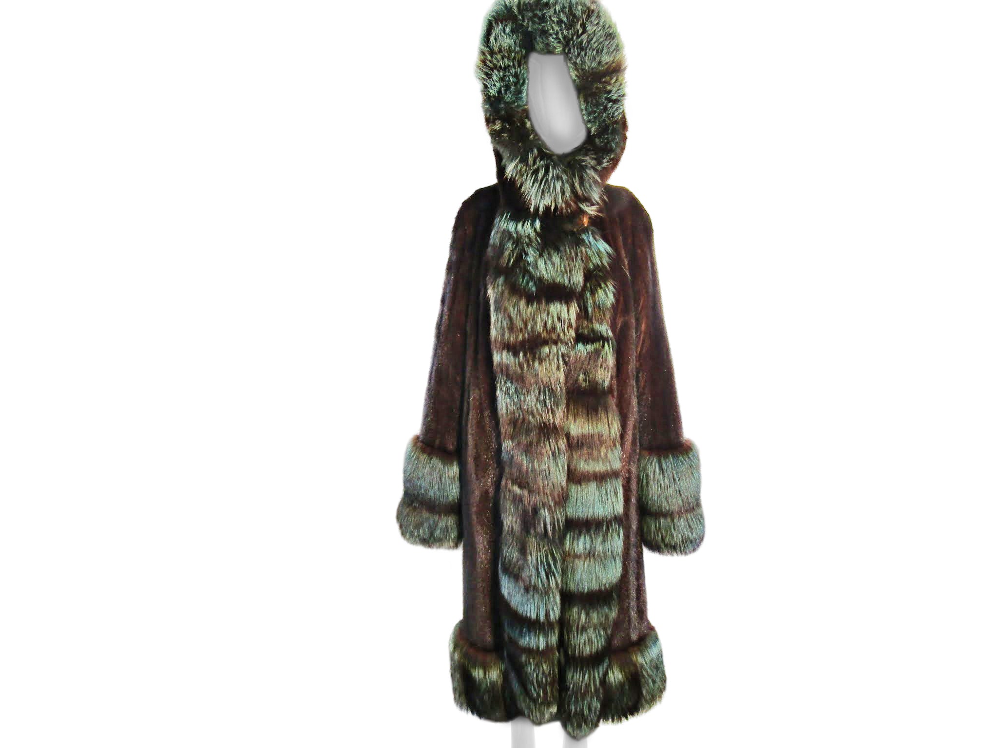 NATURAL MAHOGANY MINK 7/8 COAT W/ TEAL DYED SILVER FOX TRIM