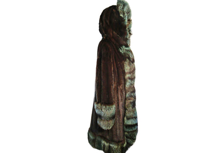 NATURAL MAHOGANY MINK 7/8 COAT W/ TEAL DYED SILVER FOX TRIM