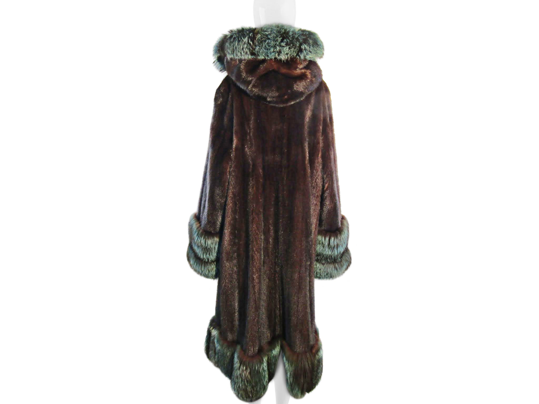 NATURAL MAHOGANY MINK 7/8 COAT W/ TEAL DYED SILVER FOX TRIM