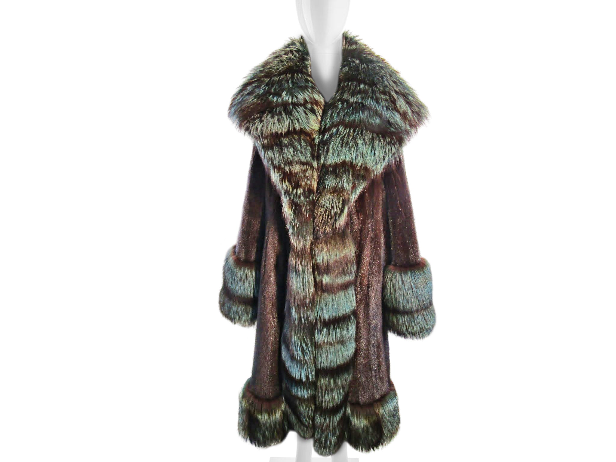 NATURAL MAHOGANY MINK 7/8 COAT W/ TEAL DYED SILVER FOX TRIM