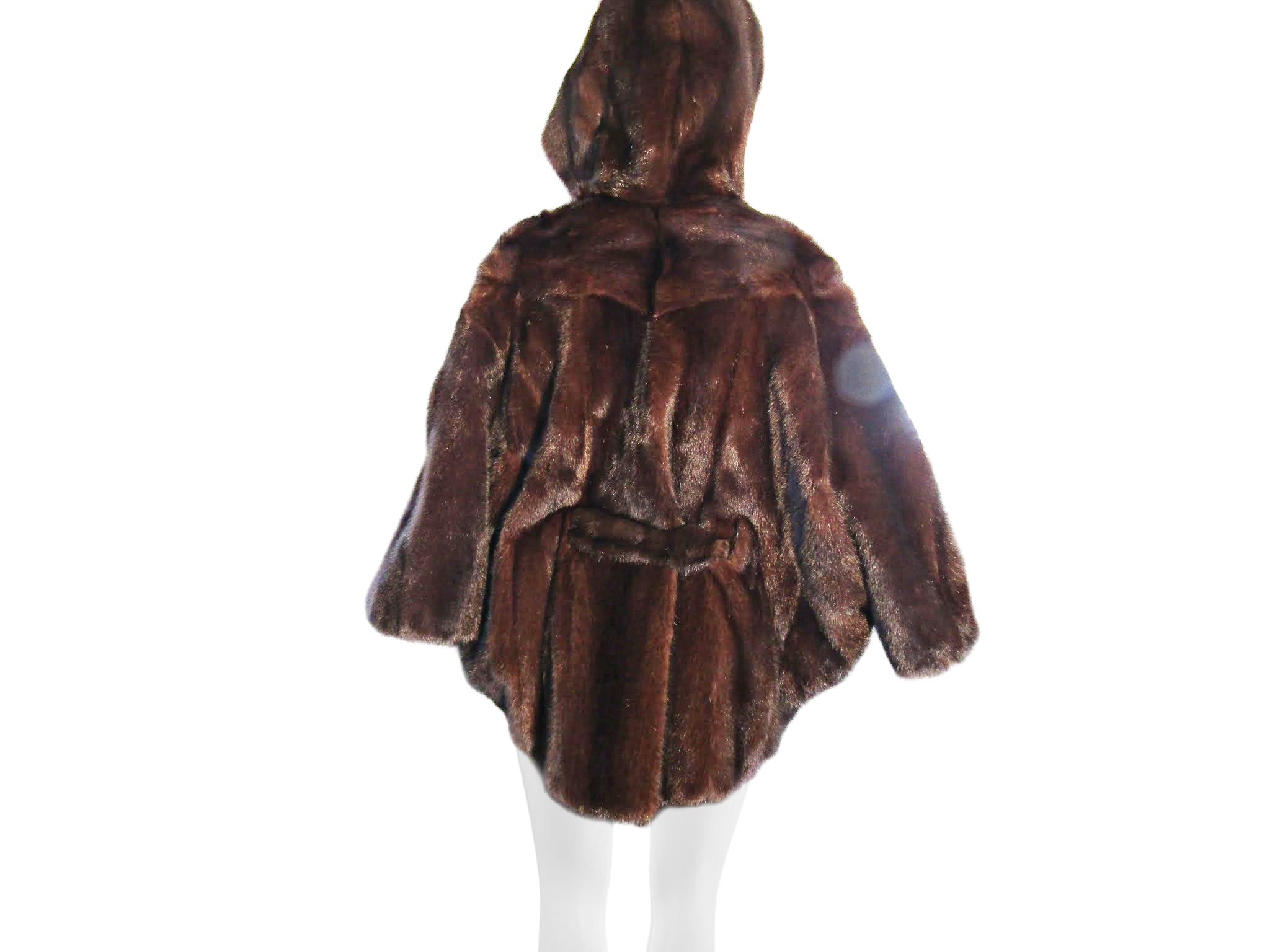 NATURAL MAHOGANY MINK CAPELET JACKET W/ HOOD & TIE BELT