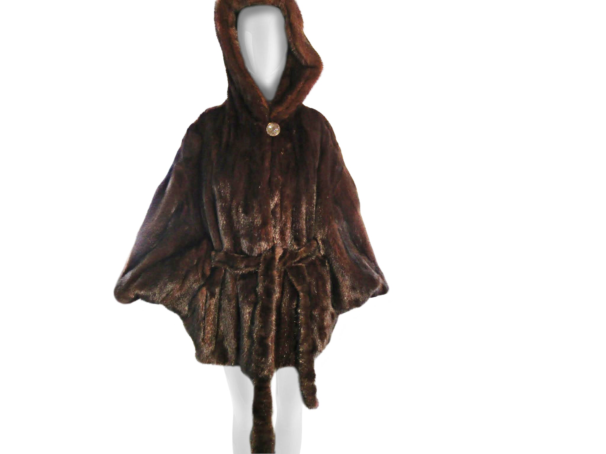 NATURAL MAHOGANY MINK CAPELET JACKET W/ HOOD & TIE BELT