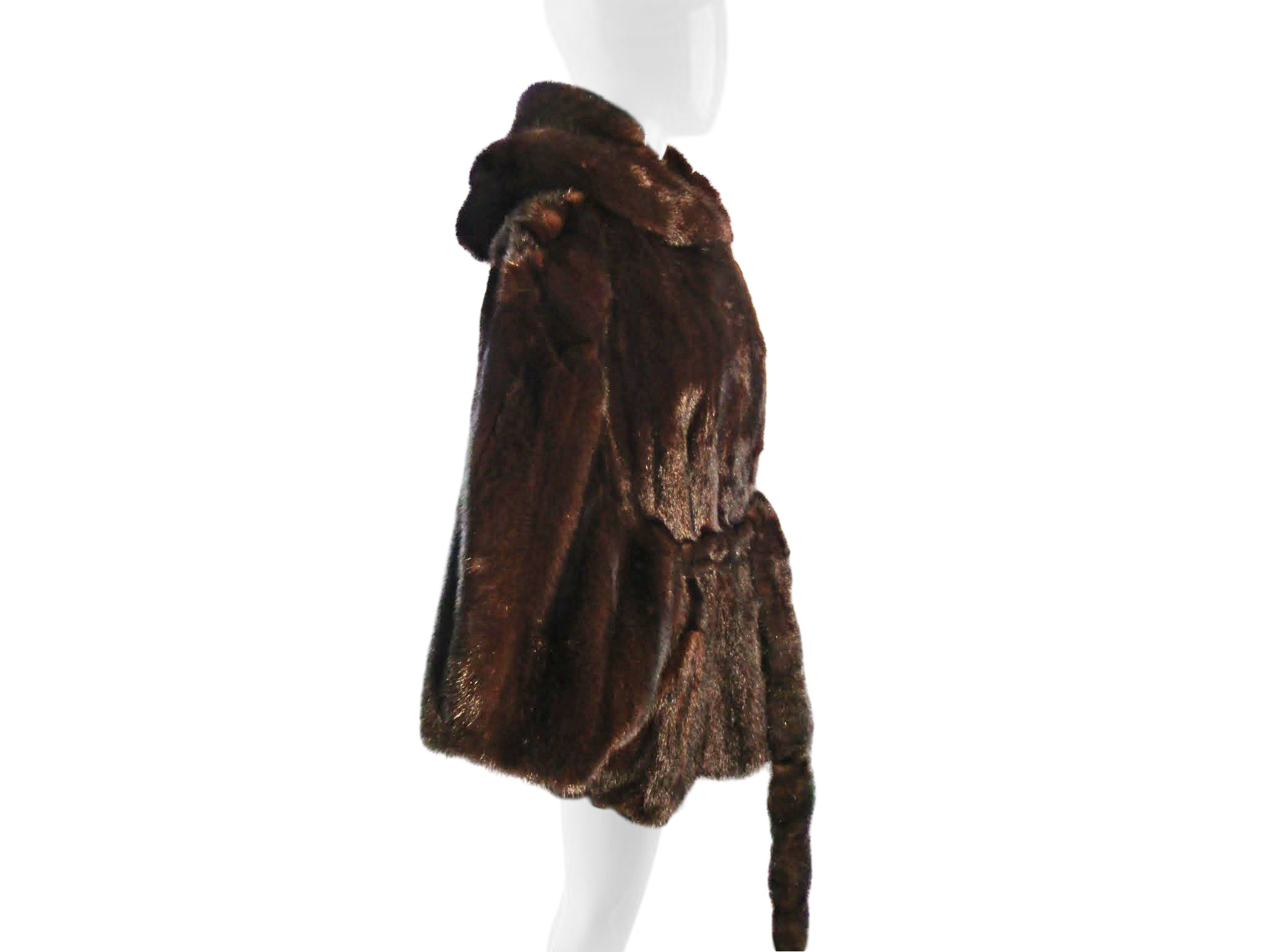 NATURAL MAHOGANY MINK CAPELET JACKET W/ HOOD & TIE BELT