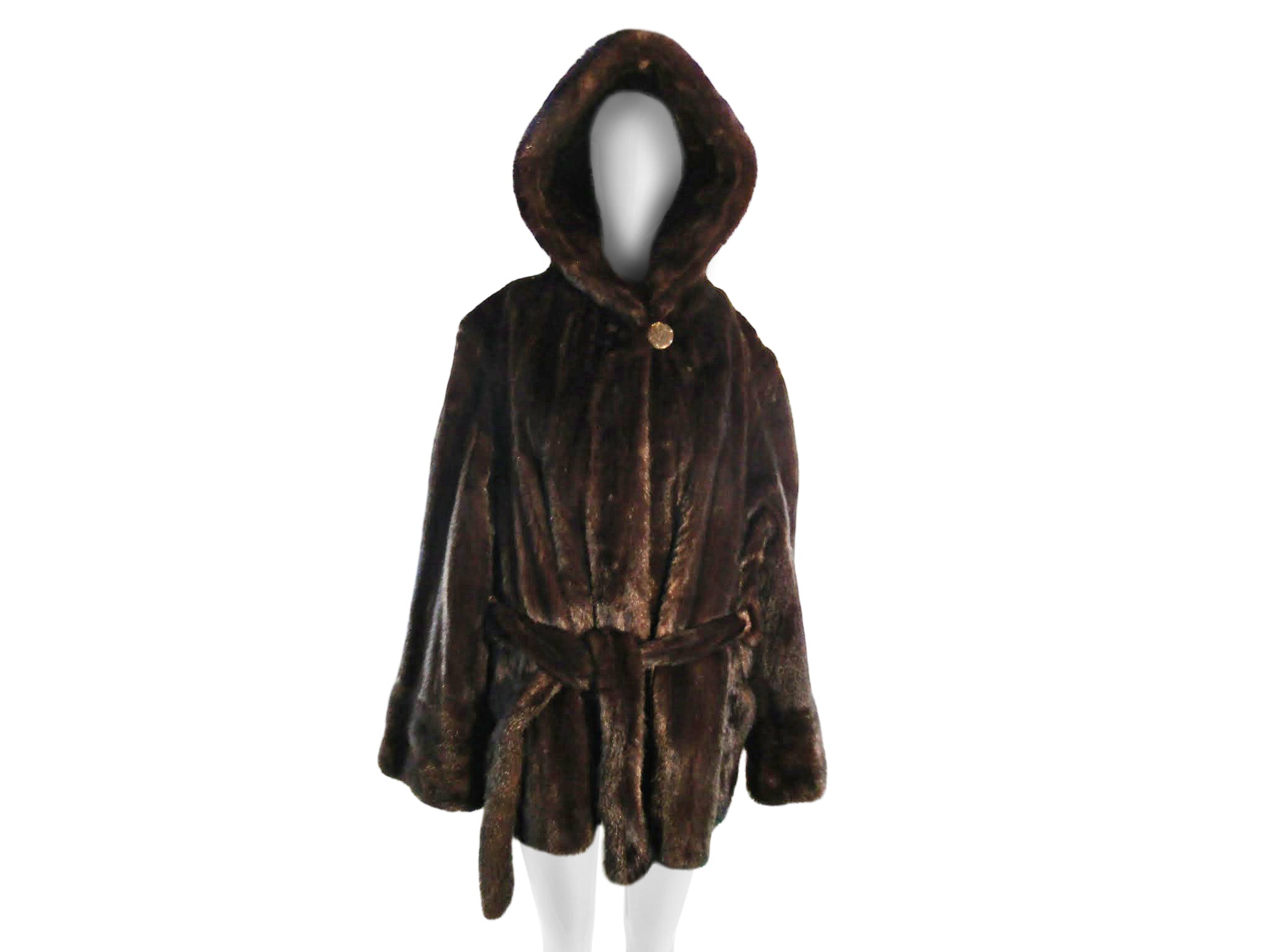 NATURAL MAHOGANY MINK CAPELET JACKET W/ HOOD & TIE BELT