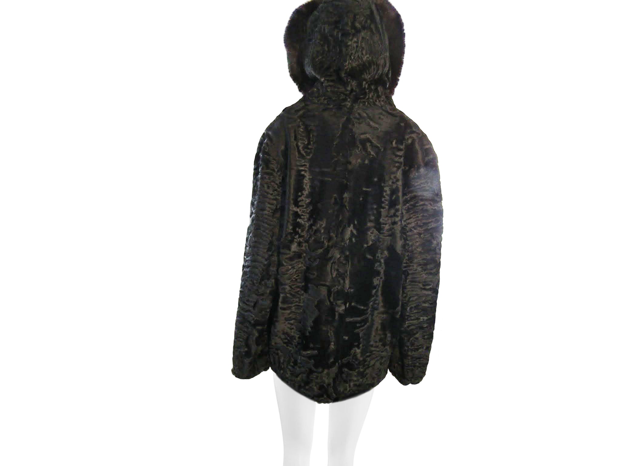 BLACK DYED SWAKARA  LAMB BOMBER  W/ FOX TRIMMED HOOD