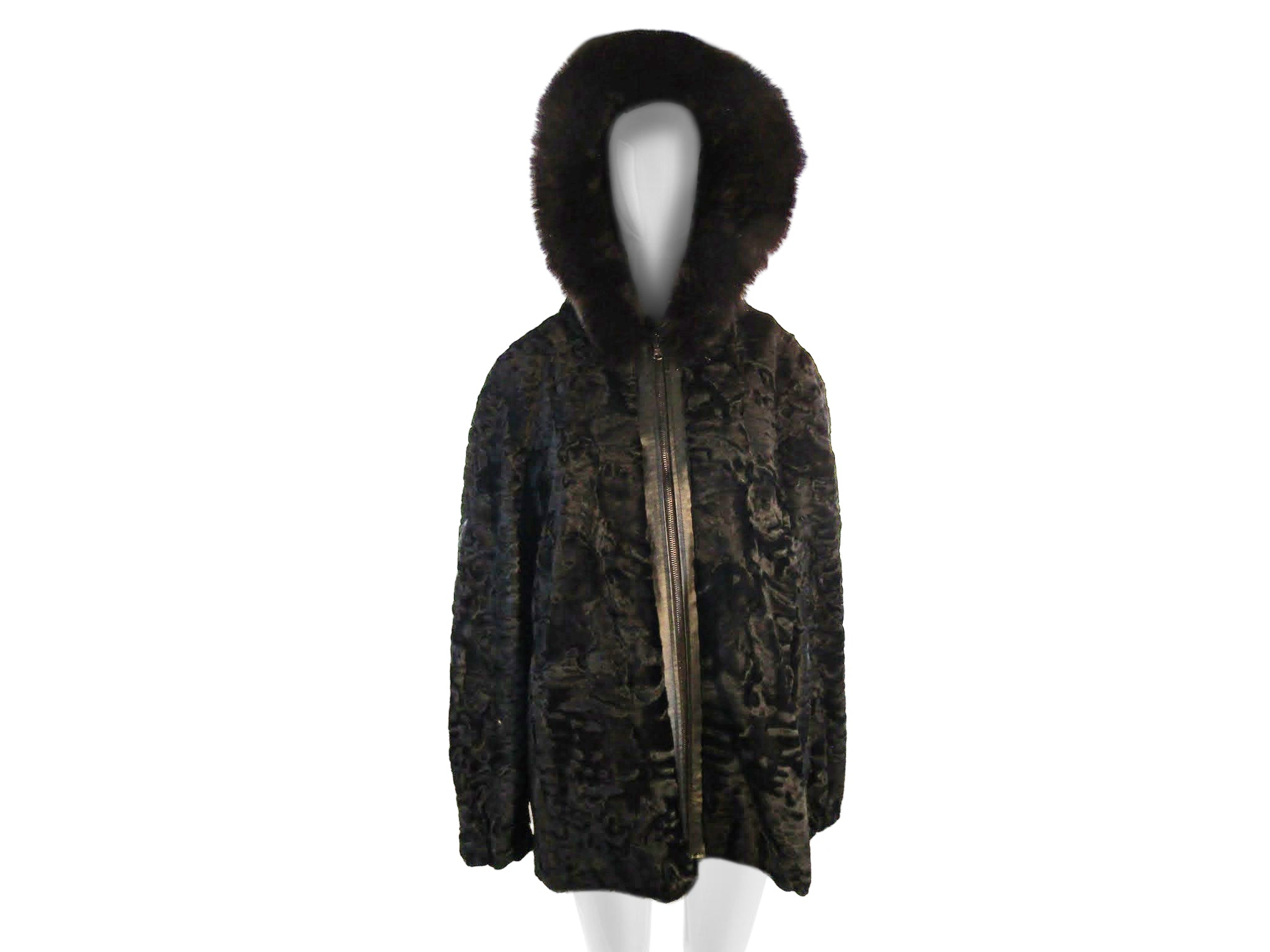 BLACK DYED SWAKARA  LAMB BOMBER  W/ FOX TRIMMED HOOD