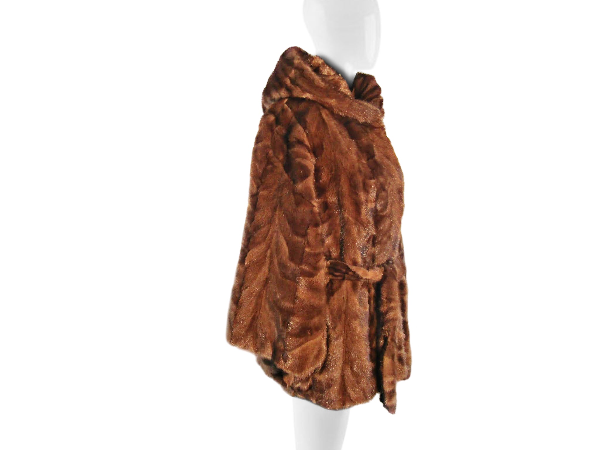 NATURAL DEMI BUFF MINK SECTION CAPELET W/ HOOD & TIE BELT