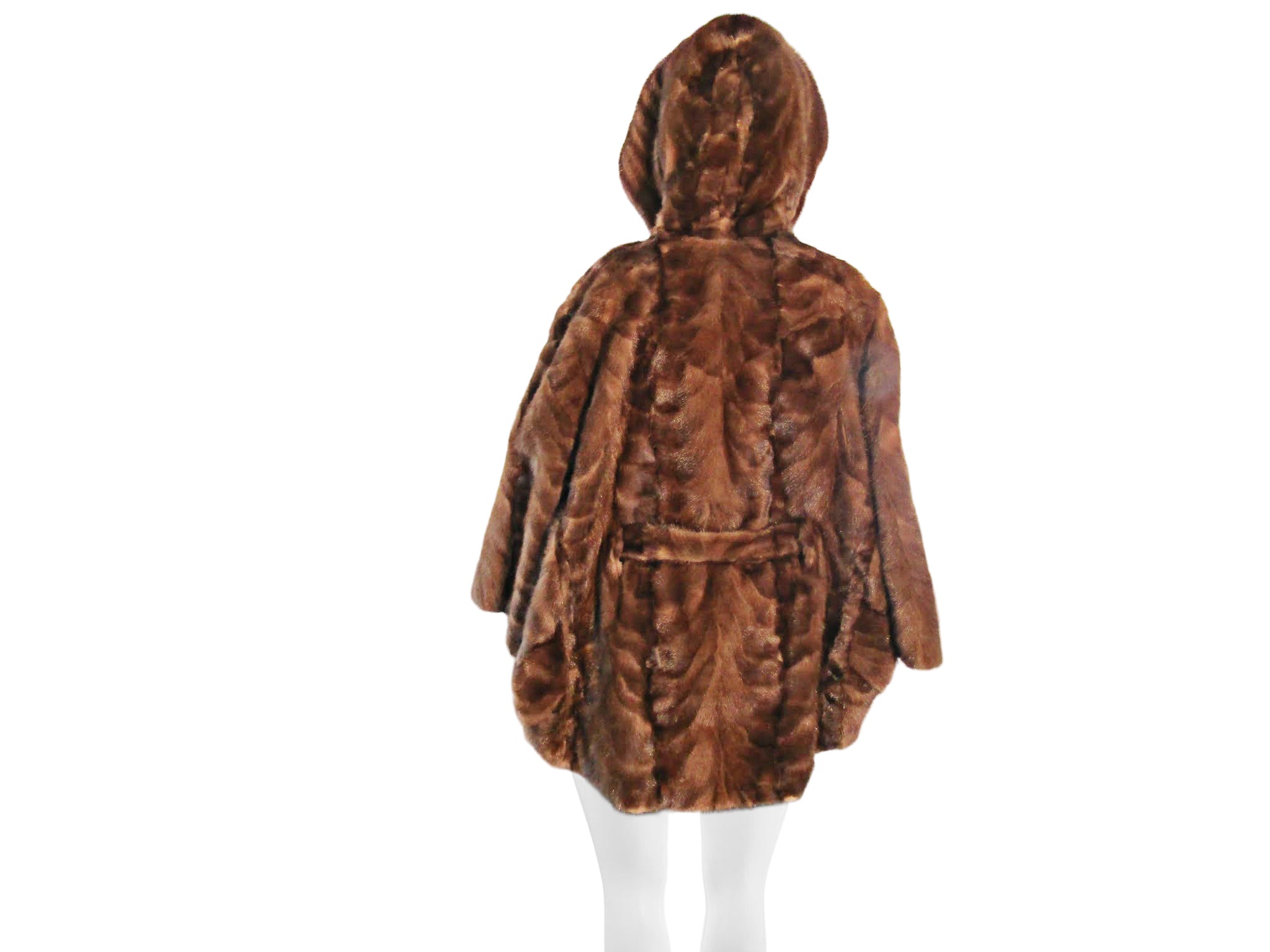 NATURAL DEMI BUFF MINK SECTION CAPELET W/ HOOD & TIE BELT