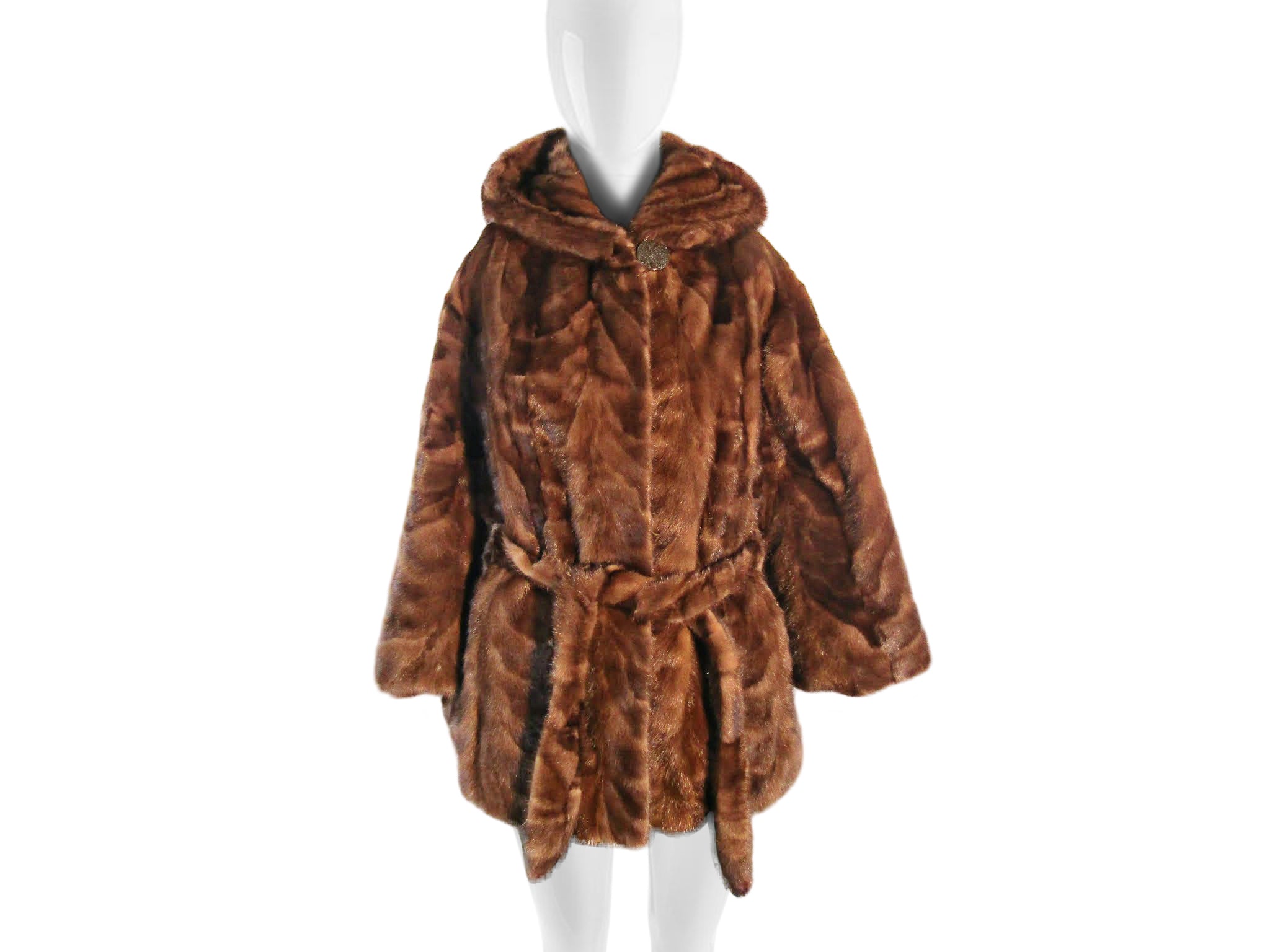 NATURAL DEMI BUFF MINK SECTION CAPELET W/ HOOD & TIE BELT