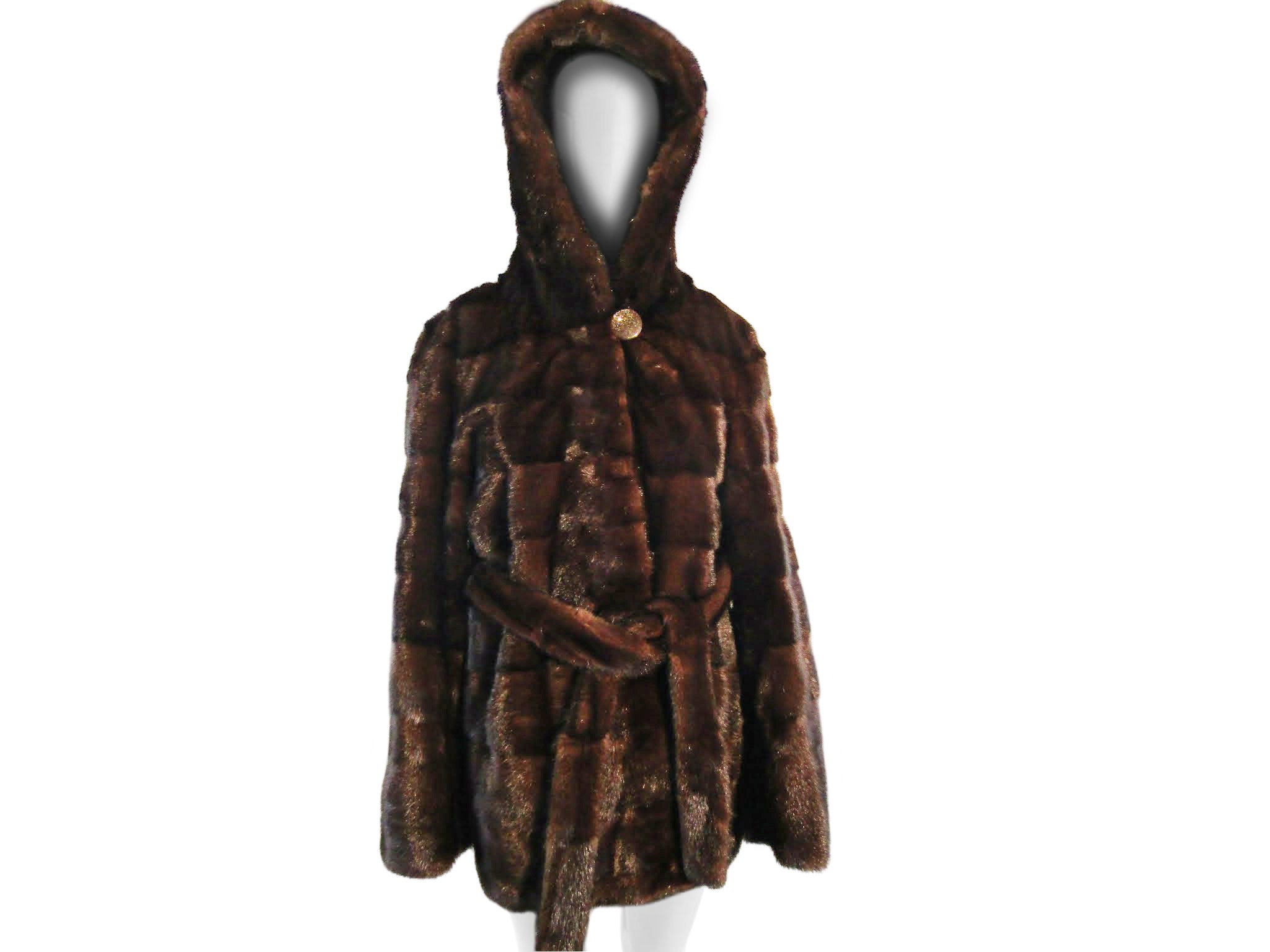 NATURAL MAHOGANY HORIZONTAL MINK JACKET W/ HOOD & TIE BELT