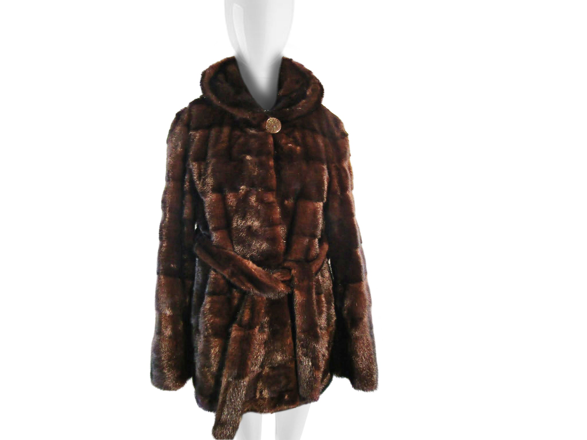 NATURAL MAHOGANY HORIZONTAL MINK JACKET W/ HOOD & TIE BELT