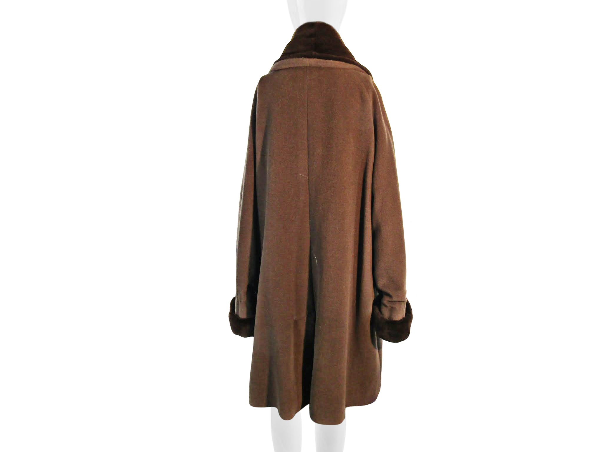 BROWN CASHMERE 7/8 COAT W/ SHEARED BROWN DYED MINK TUXEDO & TURN BACK CUFFS