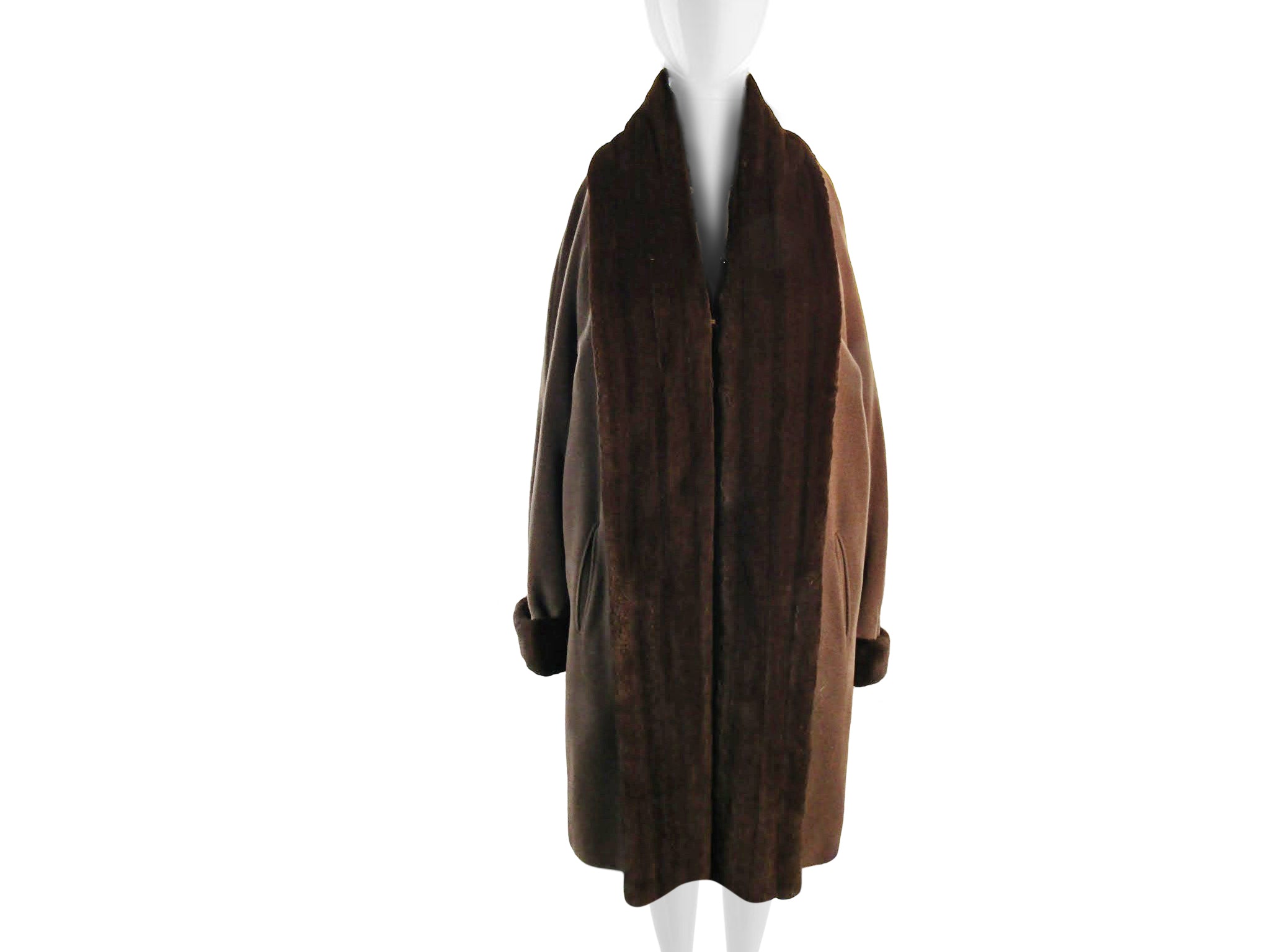 BROWN CASHMERE 7/8 COAT W/ SHEARED BROWN DYED MINK TUXEDO & TURN BACK CUFFS