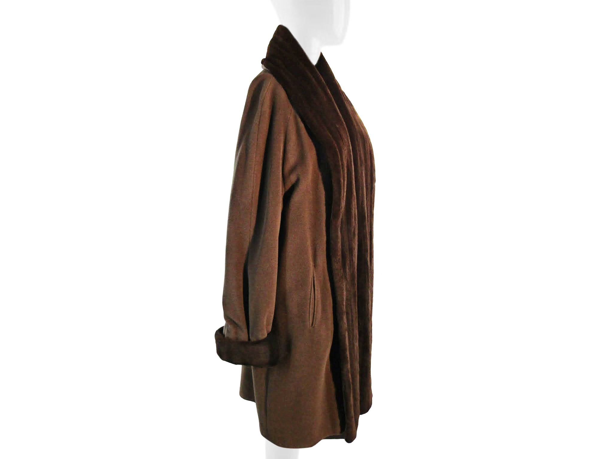 BROWN CASHMERE 7/8 COAT W/ SHEARED BROWN DYED MINK TUXEDO & TURN BACK CUFFS