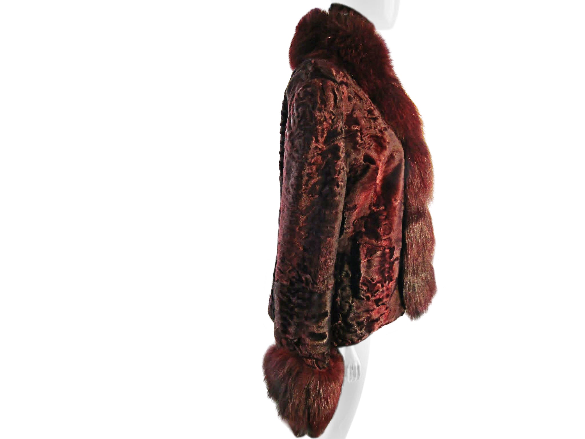 BURGUNDY DYED SWAKARA LAMB JACKET W/ MATCHING FOX TUXEDO & CUFFS