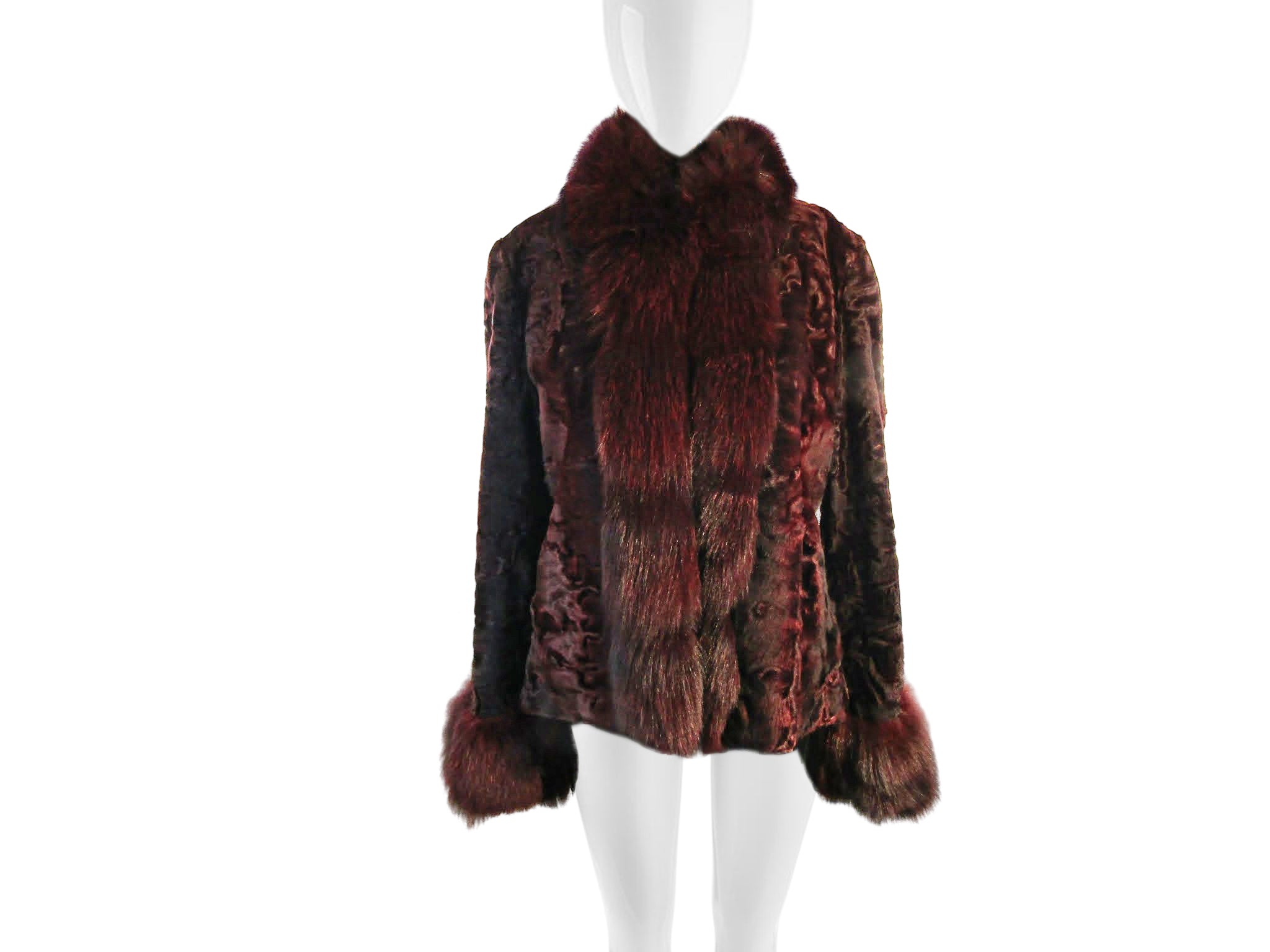 BURGUNDY DYED SWAKARA LAMB JACKET W/ MATCHING FOX TUXEDO & CUFFS