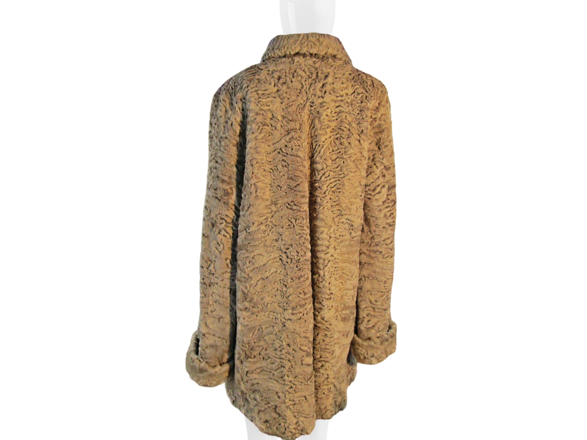 BEIGE DYED SWAKARA LAMB 3/4 COAT W/ SHAWL COLLAR & TURN BACK CUFFS