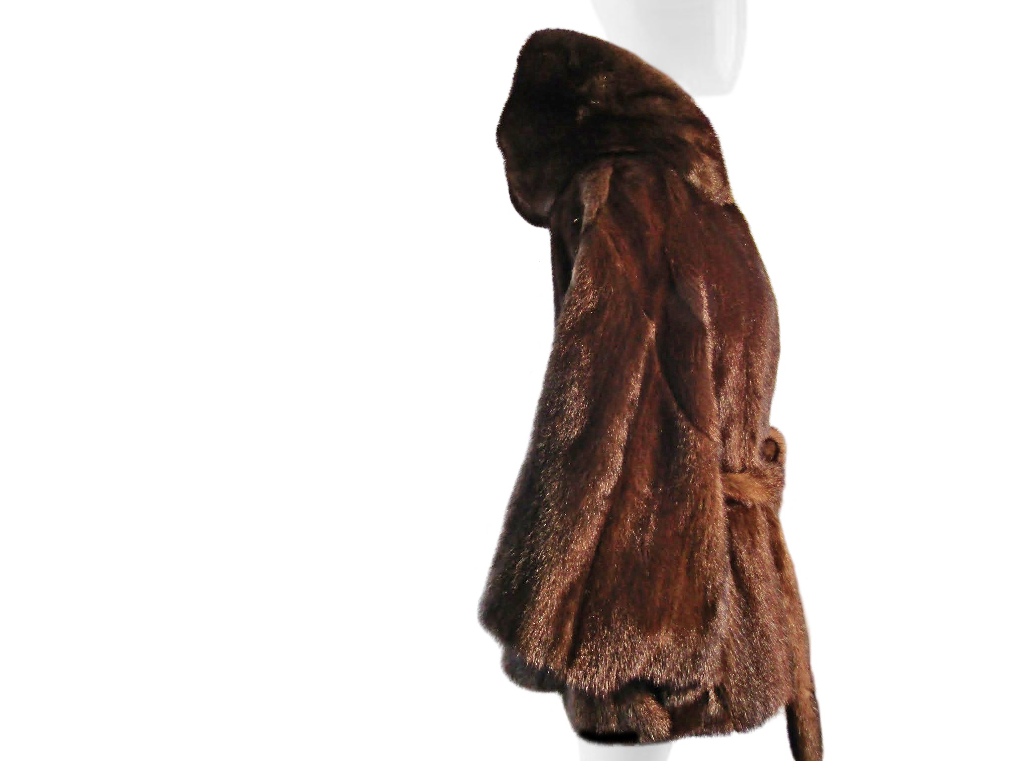 NATURAL MAHOGANY MINK CAPELET JACKET W/ HOOD & TIE BELT