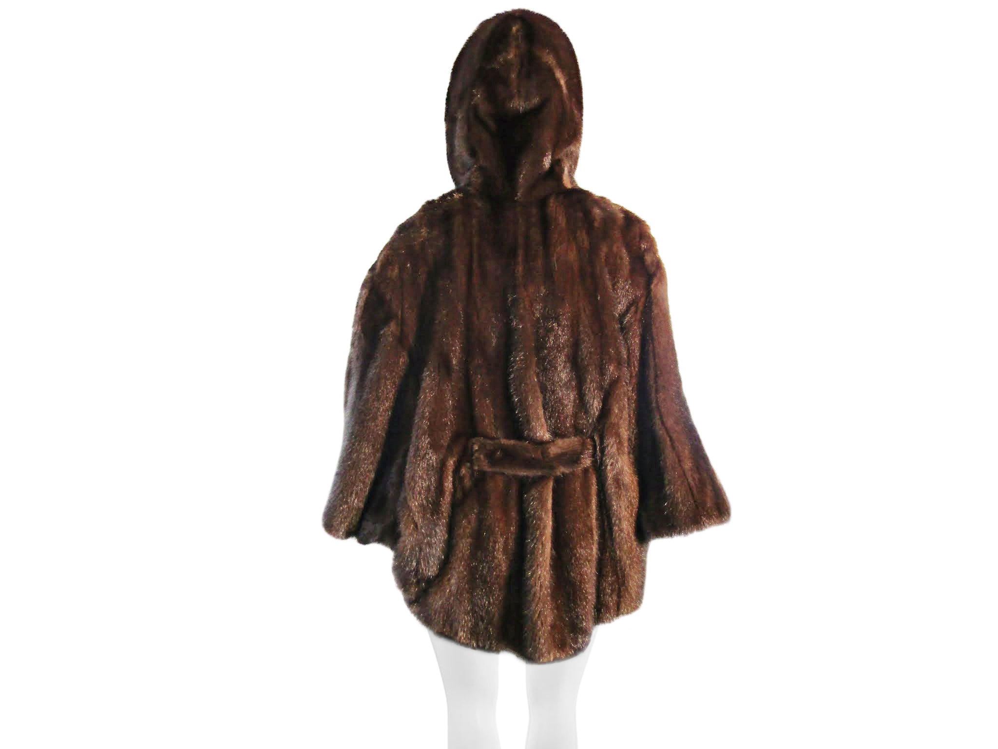 NATURAL MAHOGANY MINK CAPELET JACKET W/ HOOD & TIE BELT