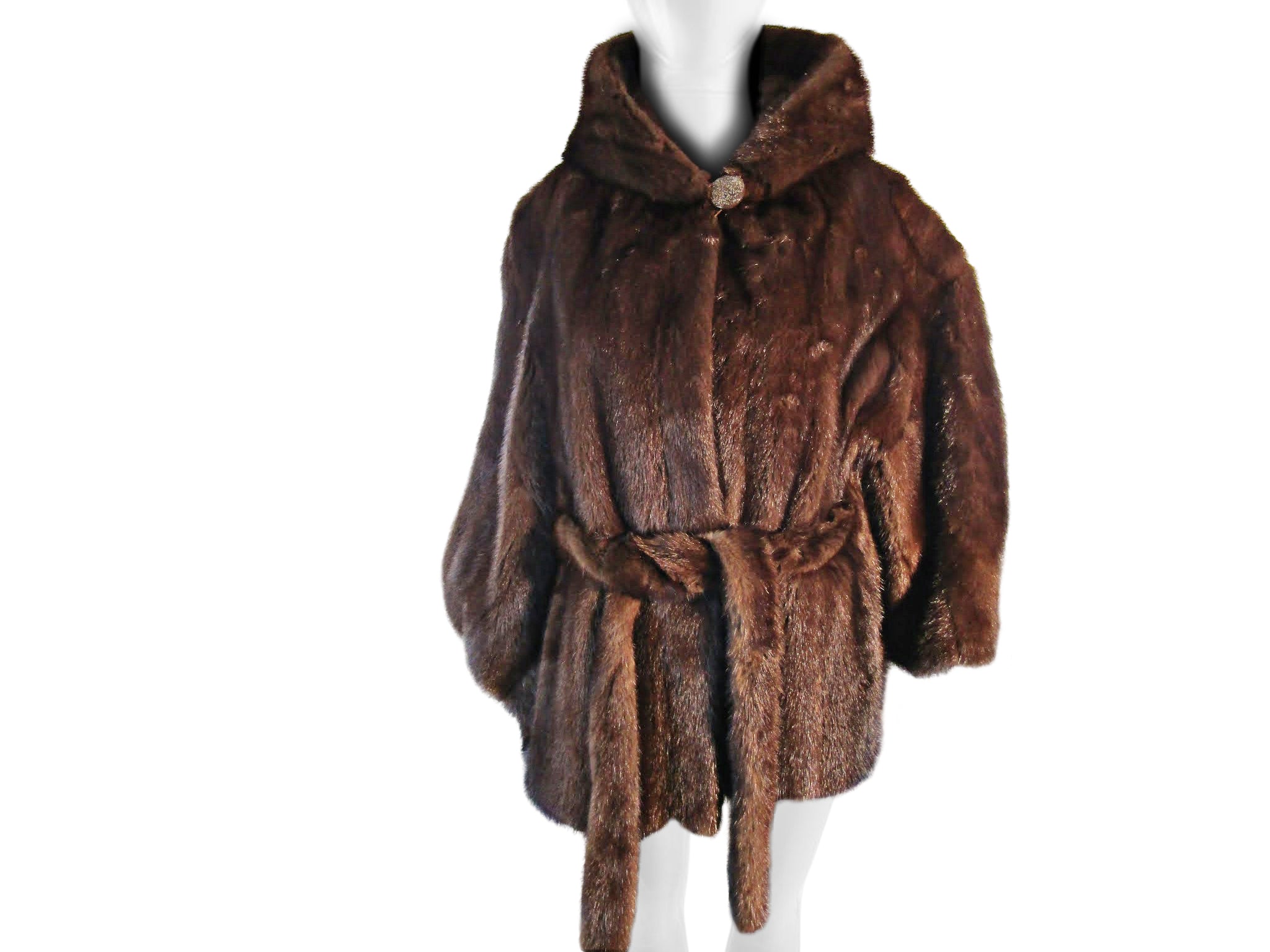 NATURAL MAHOGANY MINK CAPELET JACKET W/ HOOD & TIE BELT