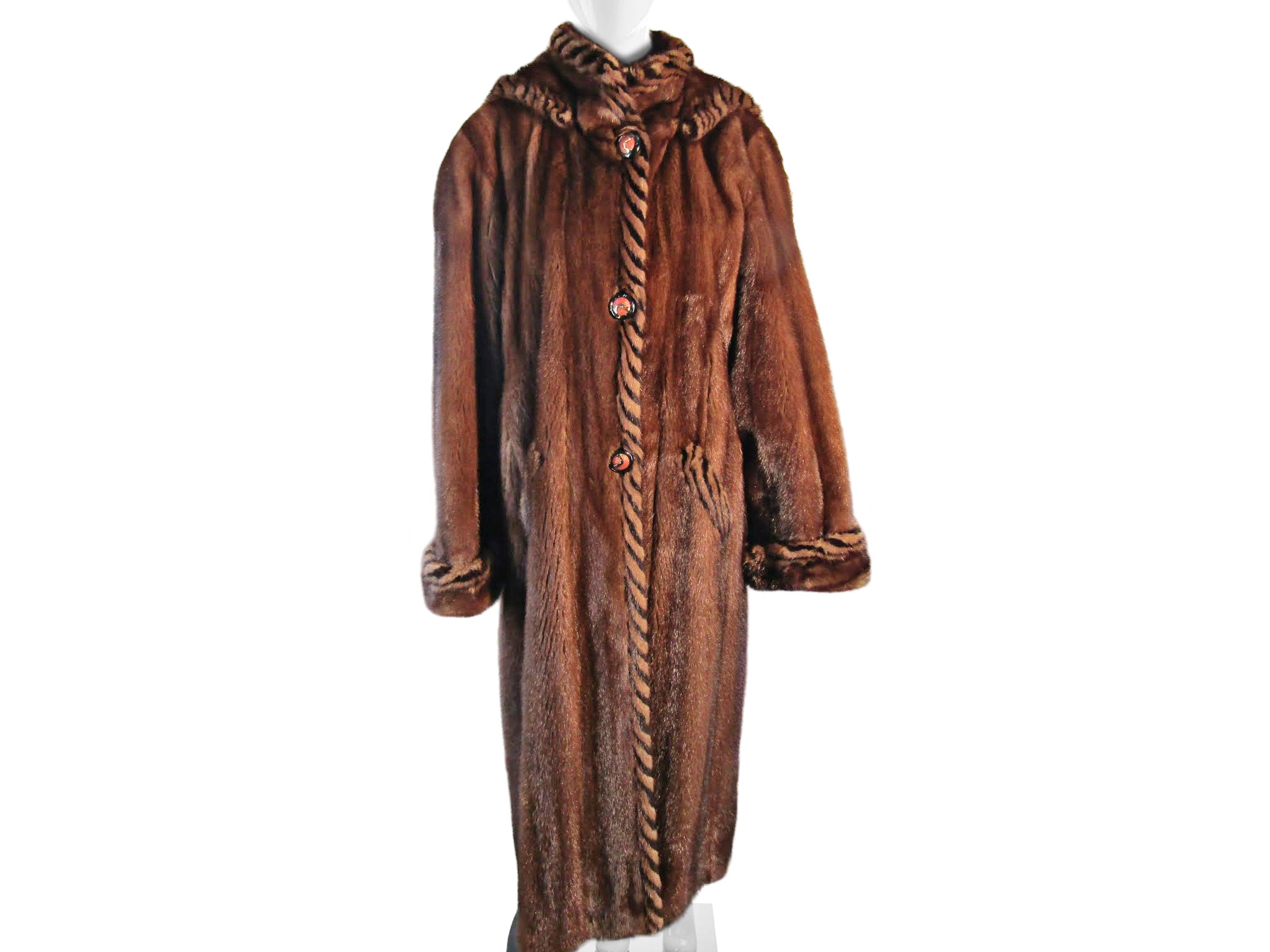 DEMI BUFF MINK COAT WITH HERRINGBONE TRIM TUX, HOOD, TURN BACK CUFF