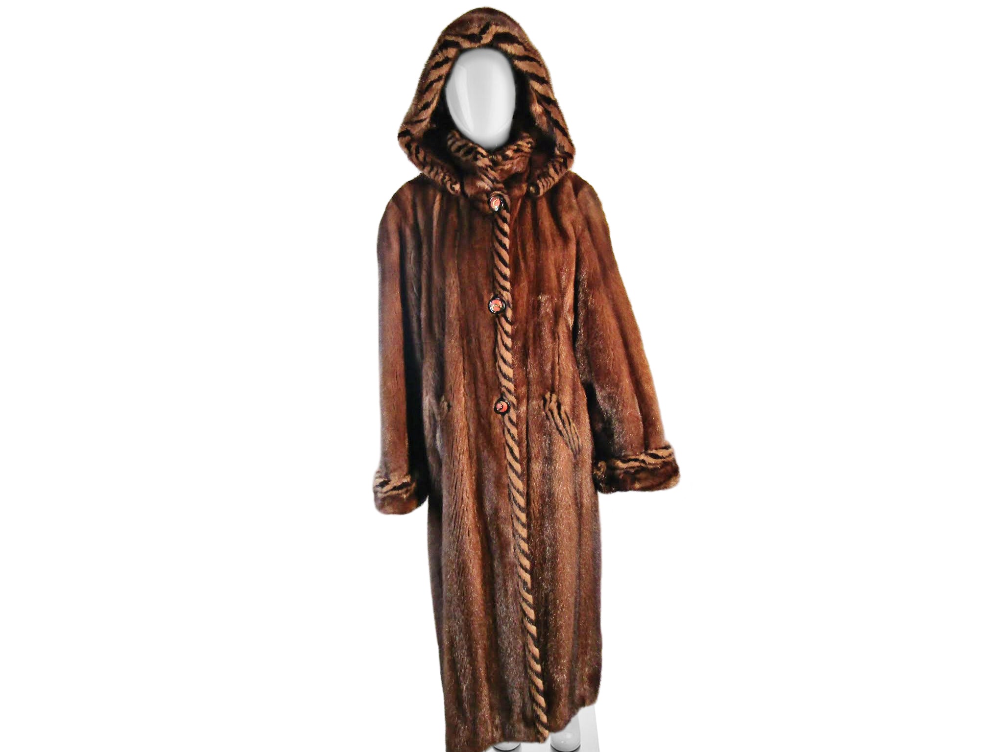 DEMI BUFF MINK COAT WITH HERRINGBONE TRIM TUX, HOOD, TURN BACK CUFF