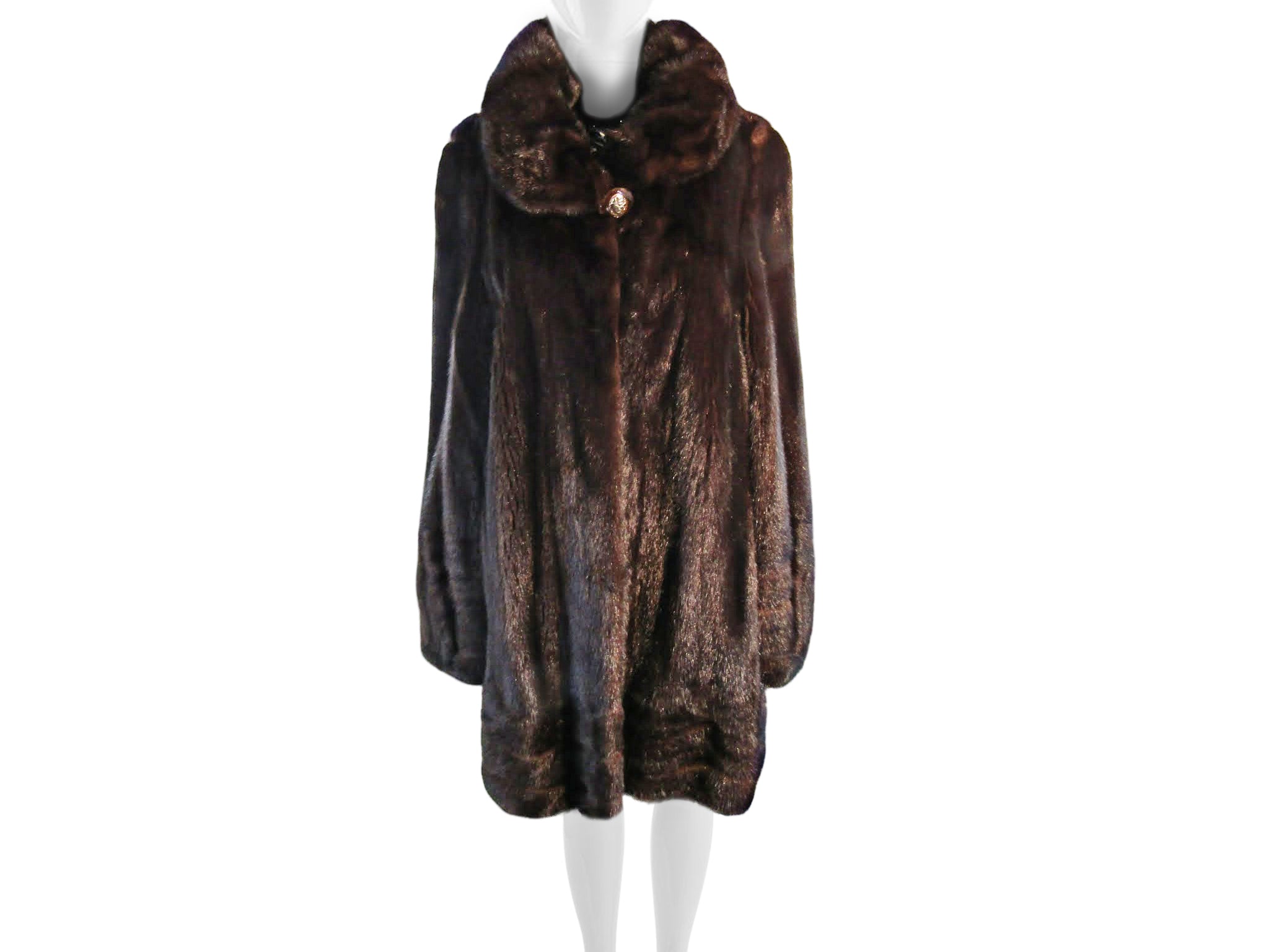 MAHOGANY DIRECTIONAL SWING COAT, OVERSIZED GATHERED COLLAR, BAND CUFFS