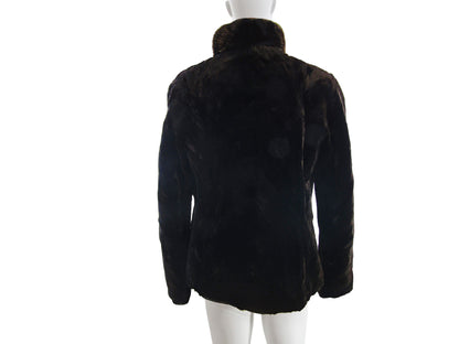 BLACK SHEARED MINK JACKET REVERSIBLE TO TAFETTA W/ LONG HAIR BLACK MINK STAND UP COLLAR