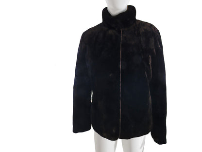 BLACK SHEARED MINK JACKET REVERSIBLE TO TAFETTA W/ LONG HAIR BLACK MINK STAND UP COLLAR