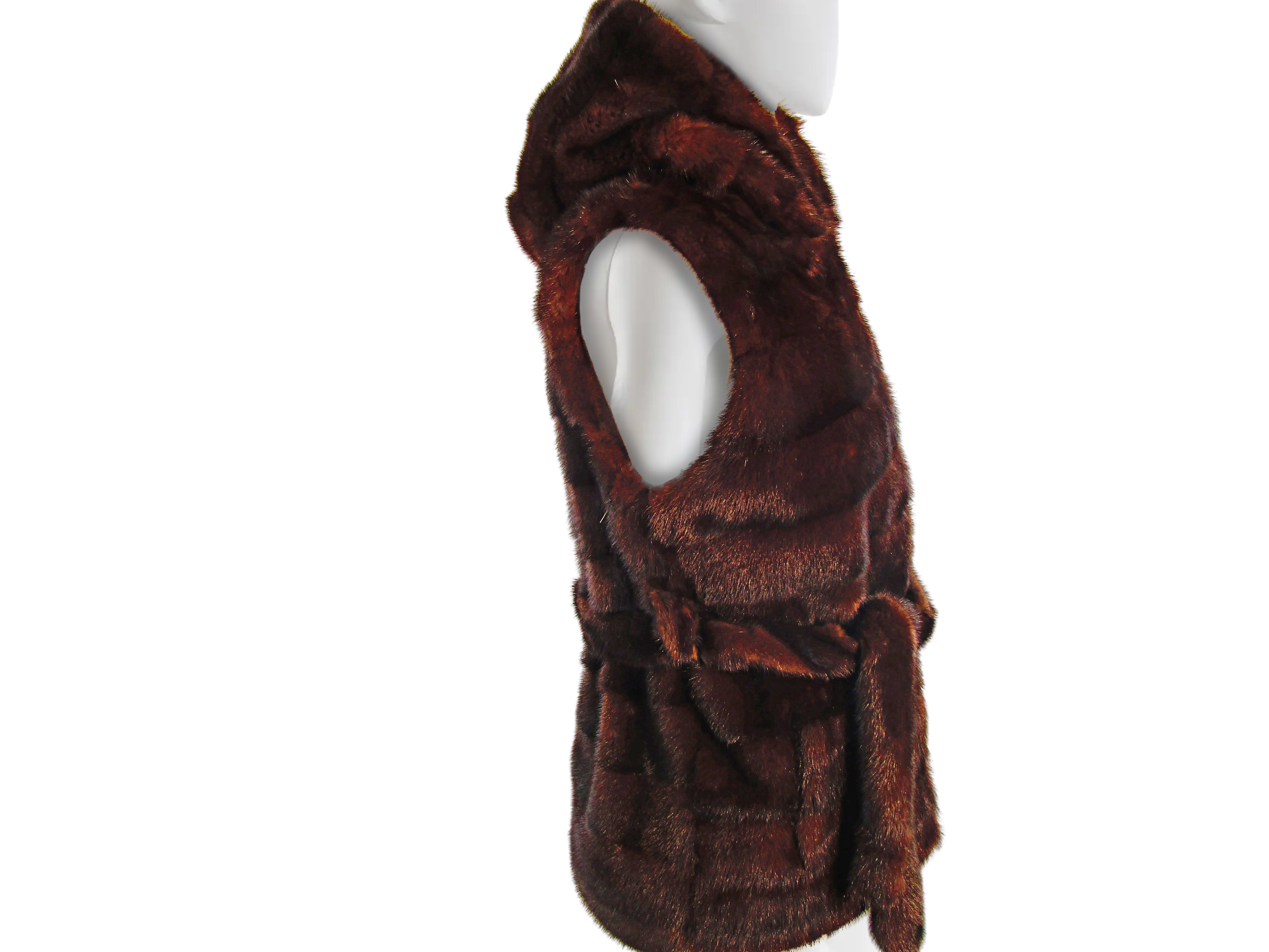 NATURAL MAHOGANY MINK HORIZONTAL VEST W/ ATTACHED HOOD & TIE BELT