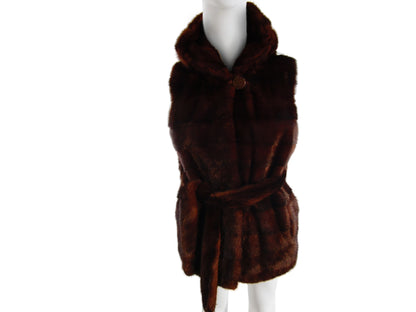 NATURAL MAHOGANY MINK HORIZONTAL VEST W/ ATTACHED HOOD & TIE BELT