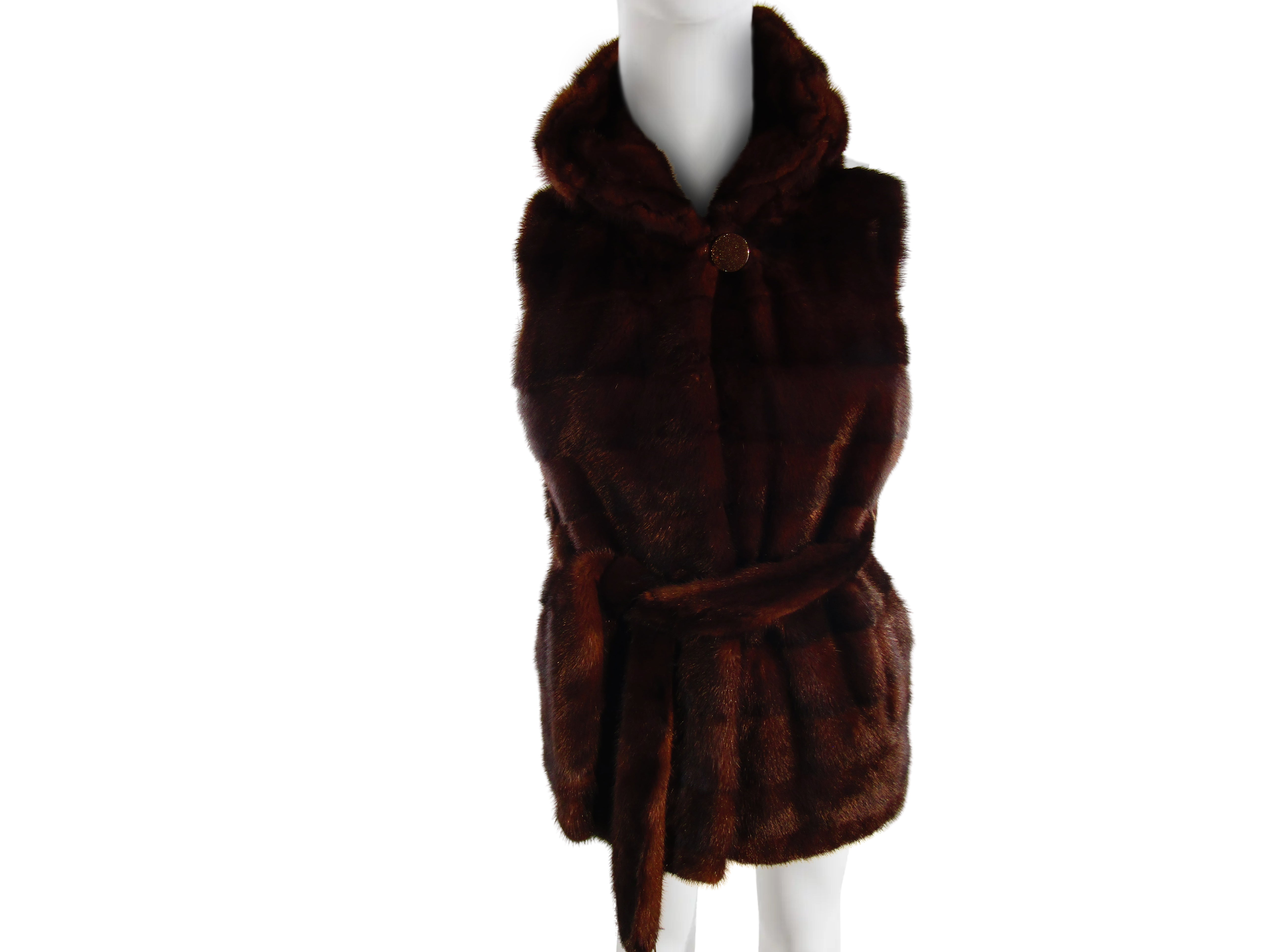 NATURAL MAHOGANY MINK HORIZONTAL VEST W/ ATTACHED HOOD & TIE BELT