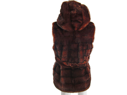 NATURAL MAHOGANY MINK HORIZONTAL VEST W/ ATTACHED HOOD & TIE BELT