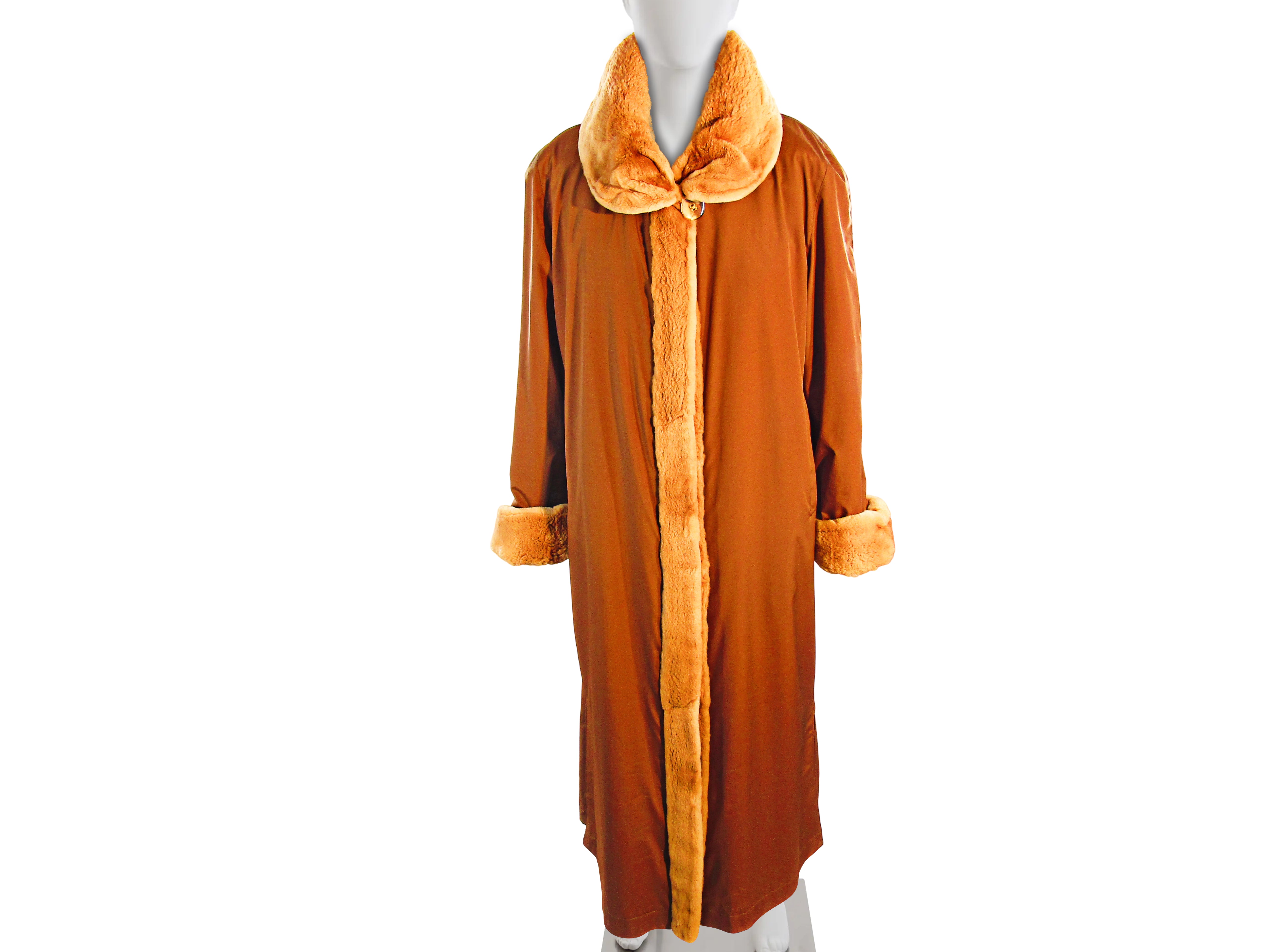 WHISKEY DYED PLUCKED MINK COAT REVERSIBLE TO TAFETTA W/ GATHERED COLLAR & TURN BACK CUFFS